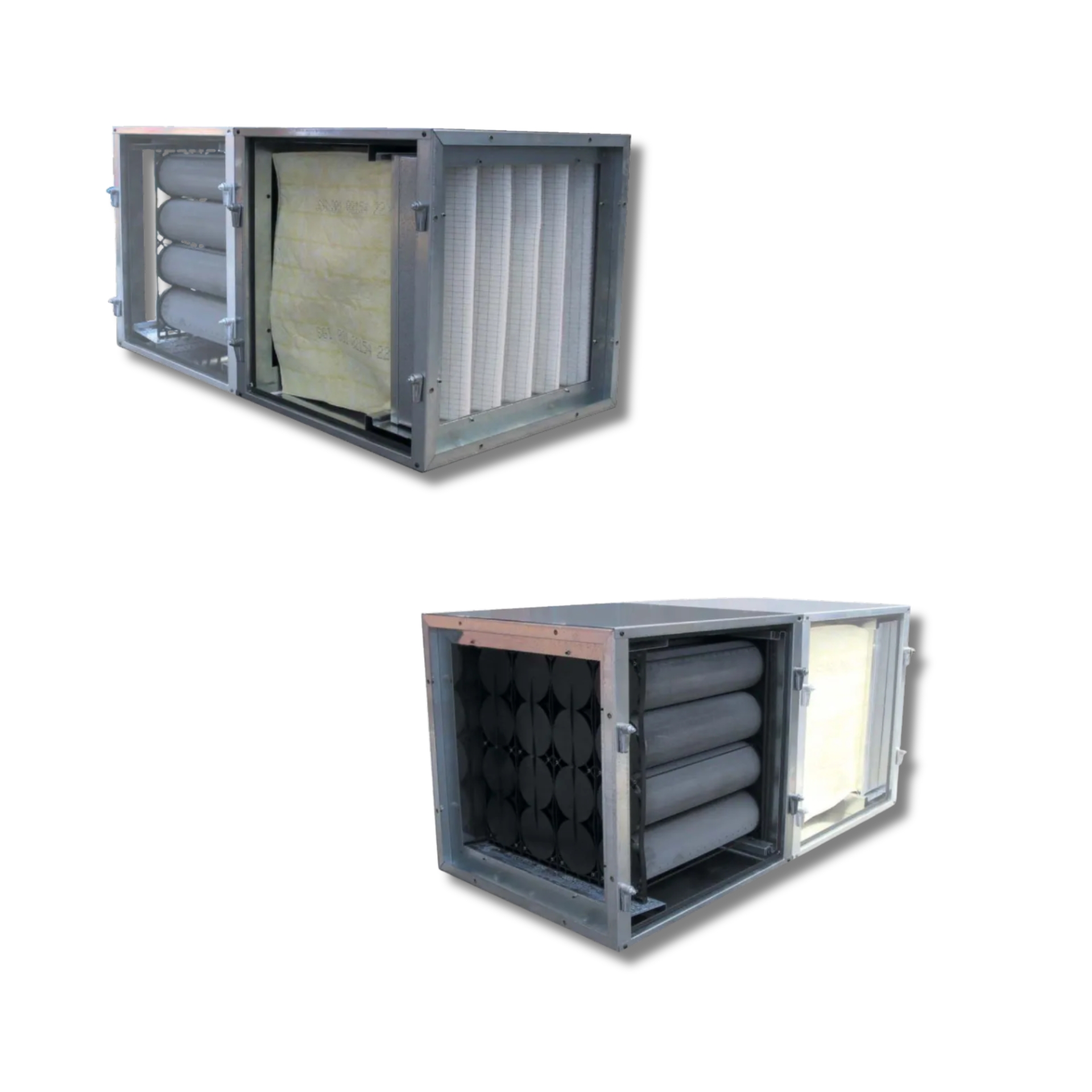 Modulares Filtersystem in zwei Ansichten. Oben: Beige Taschenfilter und weiße Partikelfilter für mechanische Filtration. Unten: CLEAN + CARBO 22 Modul mit grauen, zylindrischen und schwarzen Aktivkohlepatronen zur Abluftdesodorierung und Gasadsorption.
