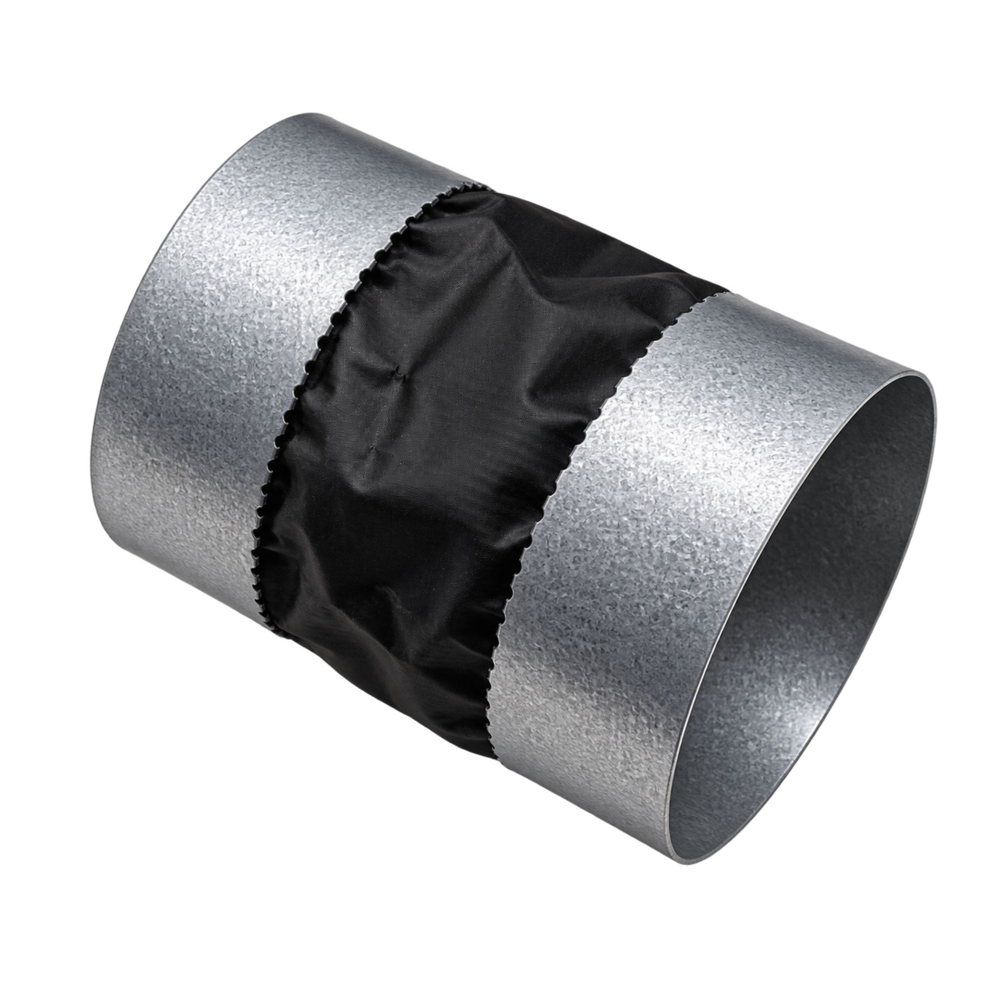 Zylindrische Flex-Manschette mit zwei glänzenden Stutzen aus strukturiertem Metall, verbunden durch ein schwarzes, flexibles, gerafftes Mittelteil. Verbindungselement für runde Rohre 100-200 mm, gleicht Bewegungen und Montagetoleranzen aus.
