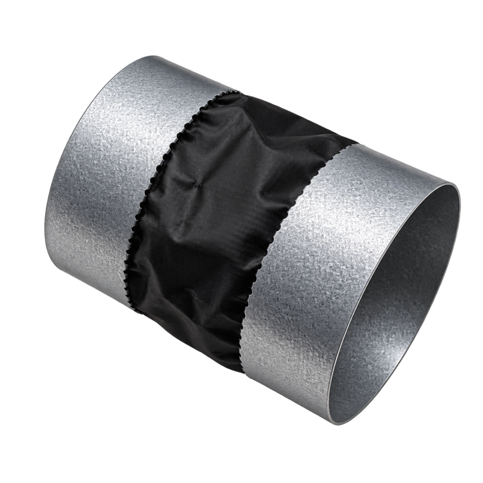 Runder, silbergrauer Metallkanalverbinder mit flexibler schwarzer Manschette in der Mitte, die zwei zylindrische Enden aus verzinktem Stahl verbindet. Manschette gerafft für Flexibilität, Metallteile mit körniger Textur.