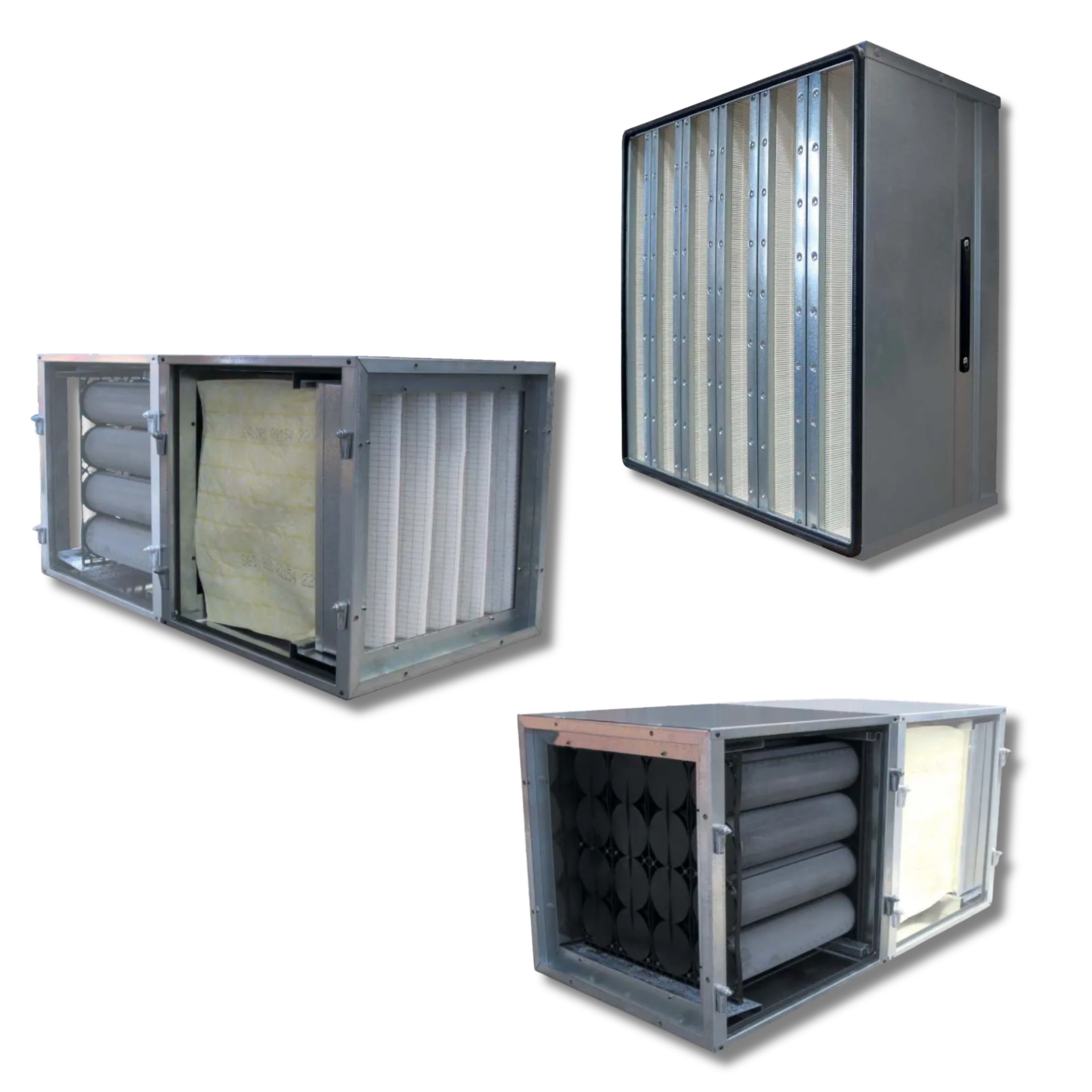 Drei Ansichten modularer Industriefiltersysteme: HEPA-H13-Filter mit vertikal gefalteten Medien; Doppelmodul mit runden Aktivkohlepatronen und Filtereinsätzen; weiteres Doppelmodul mit zylindrischen Vorfiltern und beigen Taschenfiltern.